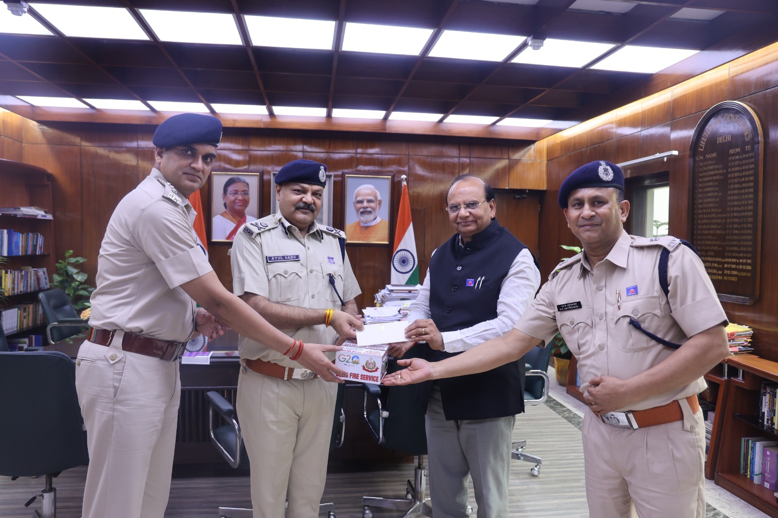Hon’ble Lt. Governor being pinned up the Fire Service Flag by the officers of the Delhi Fire Service on the occasion of…